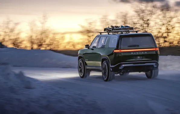 Свет, снег, вечер, поворот, SUV, 2019, Rivian, R1S