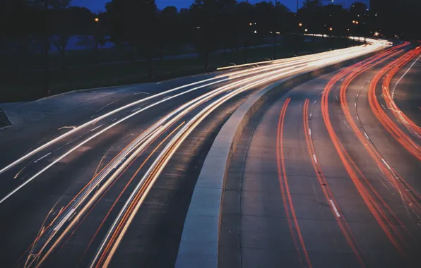 Lights, road, cars, evening, traffic, highway, vehicles, long exposure
