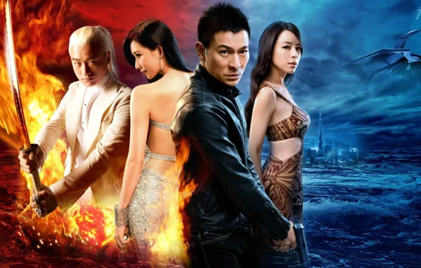 City, fire, flame, girl, sword, gun, pistol, dress