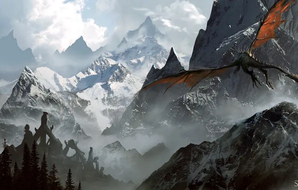 Картинка горы, dragon, The Elder Scrolls V: Skyrim