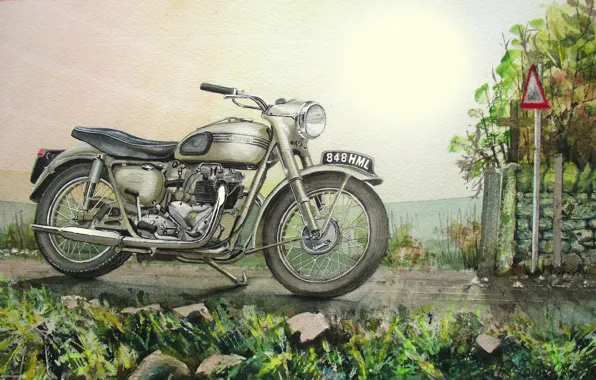Картинка дорога, рисунок, мотоцикл, байк, живопись, Triumph