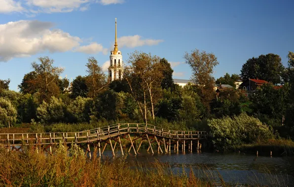 Осень, небо, трава, облака, деревья, мост, река, заросли