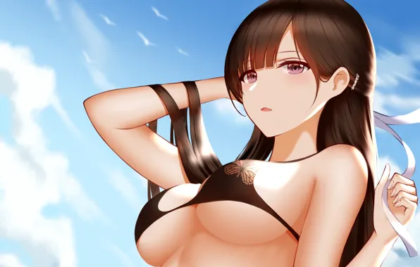 Girl, sexy, cleavage, long hair, brown hair, boobs, anime, beautiful