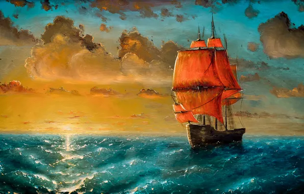 Картинка море, волны, облака, закат, корабль, парусник, арт