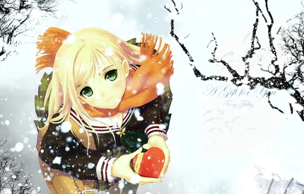 Картинка зима, снег, подарок, аниме, девочка, сердечко, снегопад