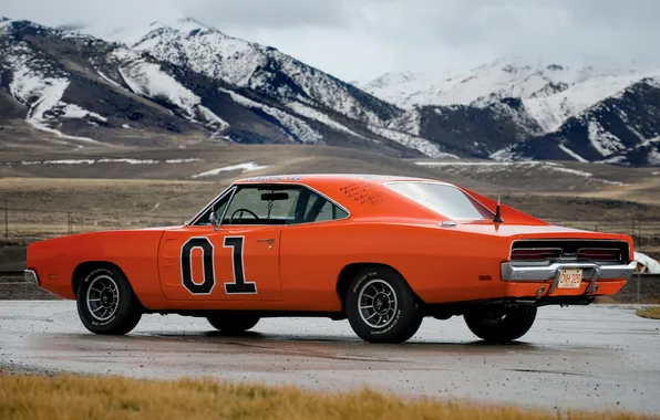 Картинка оранжевый, Додж, 1969, Dodge, мускул кар, вид сзади, Charger, чарджер
