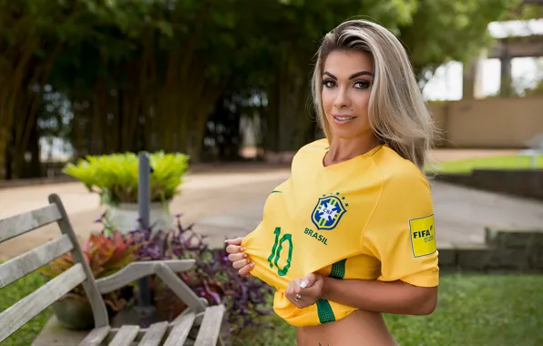 Smile, fifa, look, blonde, brazil, shirt, brazilian woman, Bruna Corrêa