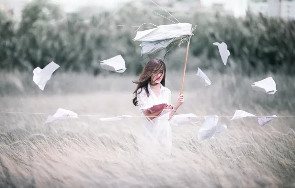 Картинка поле, девушка, ветер
