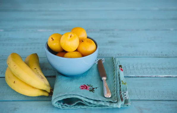 Бананы, миска, wood, голубой фон, алыча, bananas