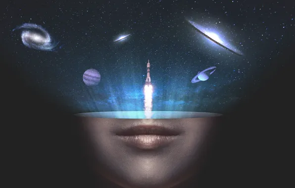 Космос, полет, пламя, планеты, ракета, губы, space, flame
