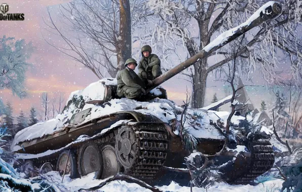 Картинка зима, лес, снег, деревья, рисунок, арт, Пантера, танк
