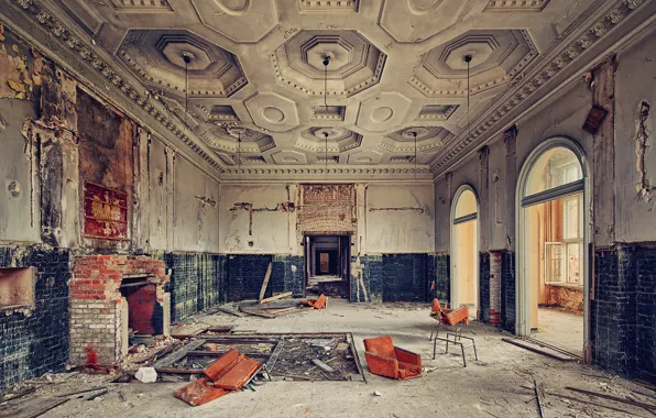 Room, palace, fireplace, abandoned, hall, salon, mess, white eagle