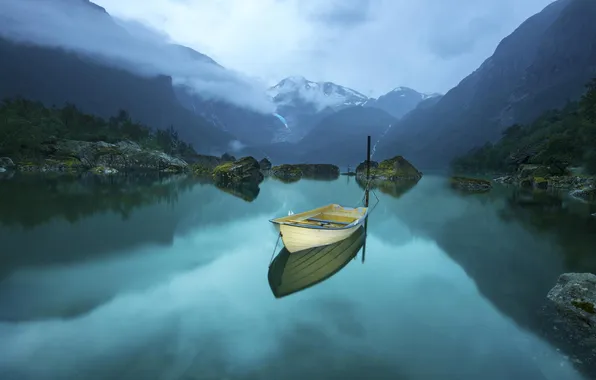 Горы, природа, озеро, отражение, лодка