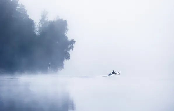 Туман, озеро, лодка, утро