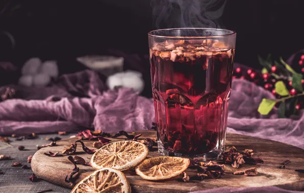 Стекло, стакан, темный фон, стол, розовый, чай, горячий, апельсины