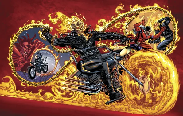 Fire, Ghost Rider, bike, art, Marvel, chains, Mephisto, by Benny Fuentes