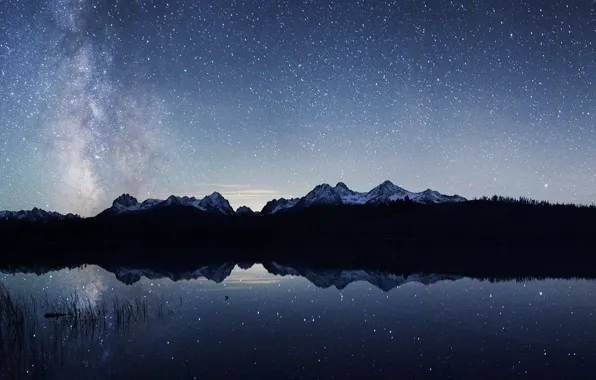 Картинка космос, звезды, горы, озеро, отражение, зеркало, Млечный Путь, тайны