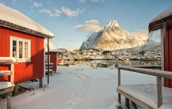 Зима, море, небо, снег, дом, гора, Норвегия