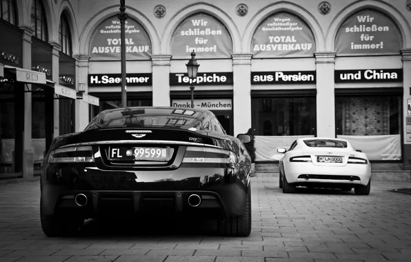 Картинка белый, Aston Martin, черный, здание, астон мартин, white, black, db9