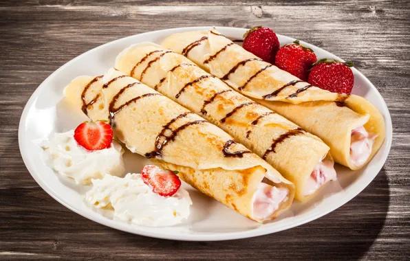 Ягоды, клубника, блины, вкусно, творог