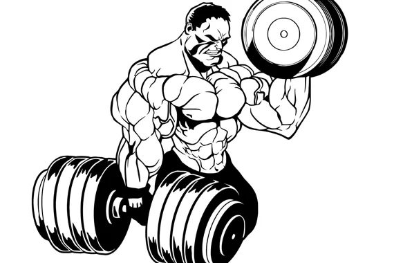 Арт, белый фон, перчатка, muscle, мышцы, бодибилдинг, пресс, гантели