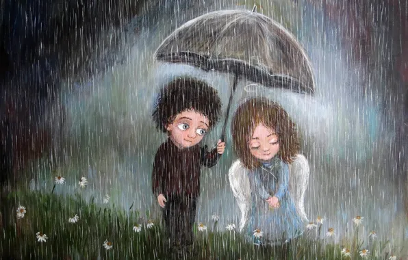Картинка зонтик, дождь, настроение, мальчик, арт, пара, девочка, чувство