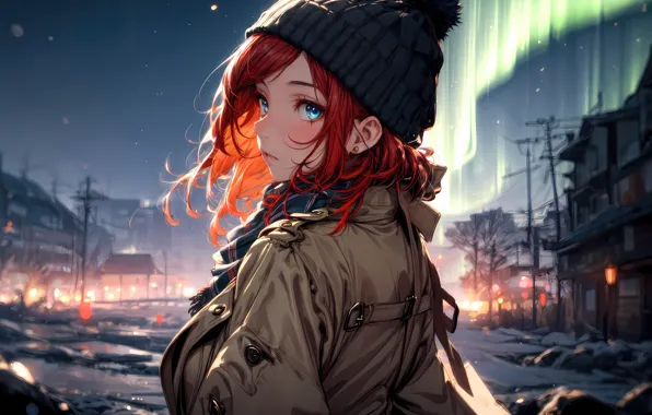 Зима, аниме, городок, anime, winter, snow, digital art, town