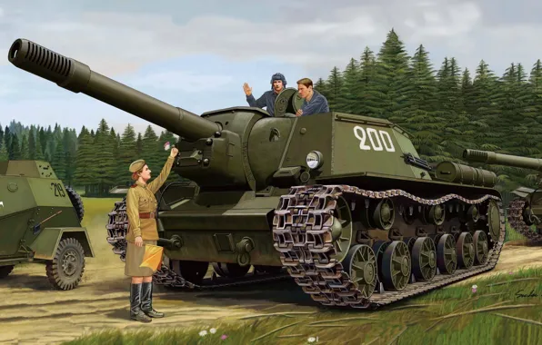 Рисунок, вторая мировая, САУ, РККА, самоходно-артиллерийская установка, советская, СУ-152, штурмовое орудие