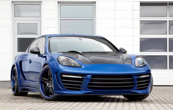 Картинка синий, тюнинг, окна, Porsche, Panamera, GTR, диски, Порше