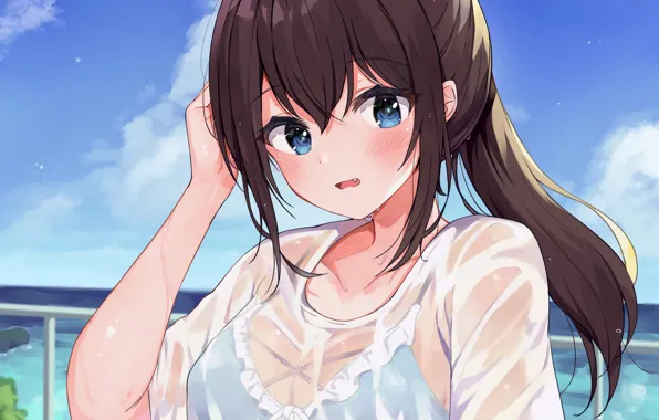 Girl, sexy, long hair, sea, brown hair, boobs, anime, blue eyes