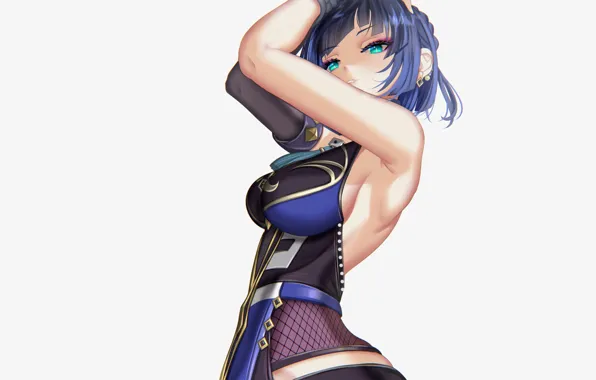 Girl, hot, sexy, blue, anime, short hair, babe, armpit