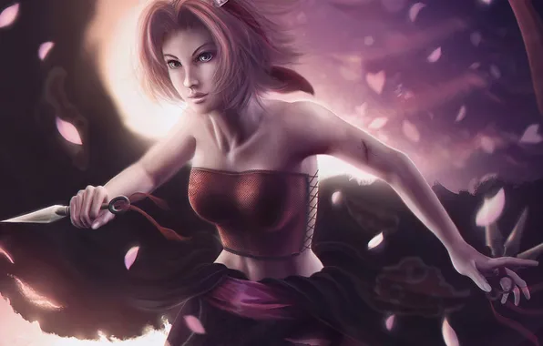 Девушка, лепестки, арт, ножи, Naruto, рана, розовые волосы, haruno sakura