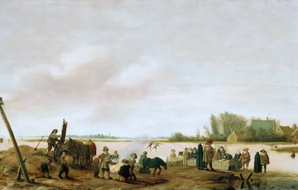 Картинка зима, пейзаж, люди, картина, жанр, Winter Landscape on the Shore, Salomon van Ruysdael