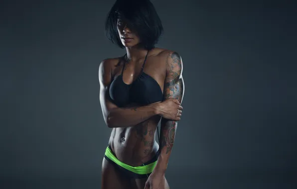 Картинка sexy, model, brunette, tattoos, fitness, sporty, model clothes