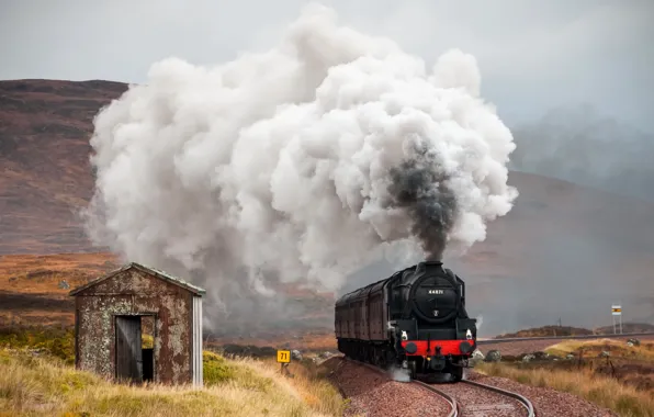 Railway, Steam, Old Hut, Locomotive