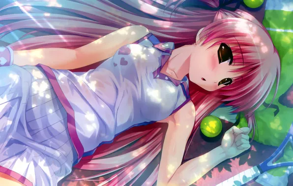 Картинка девушка, лежит, длинные волосы, art, shintaro, теннисный мяч, amatsumi sora ni, kiyosumi serika