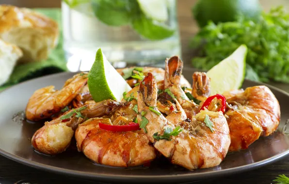 Fried shrimp with soy-ginger sauce, Блюдо из морепродуктов, Жареные креветки с соевым-имбирным соусом