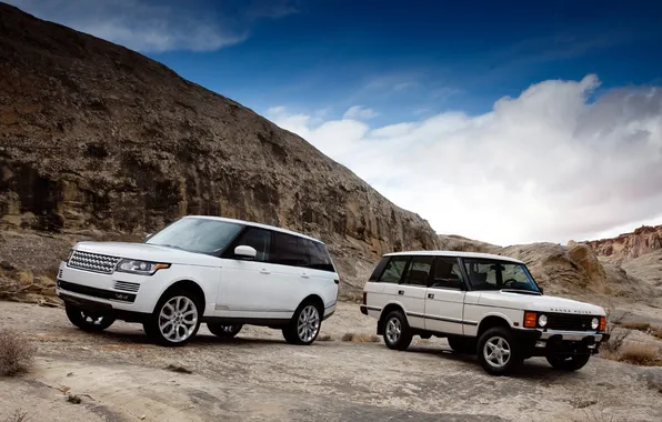 Картинка белый, небо, горы, старый, Land Rover, Range Rover, передок, новый