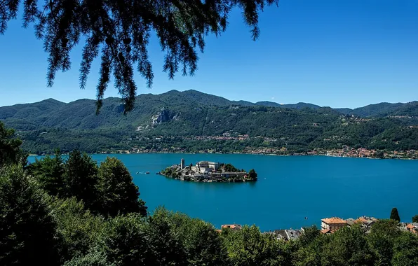 Картинка небо, деревья, горы, город, озеро, остров, дома, Italia