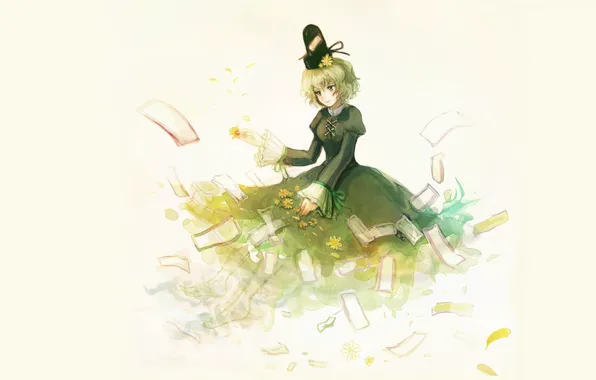 Шапка, черное платье, жрица, бумажки, босая, Touhou Project, желтые цветочки, Проект Восток