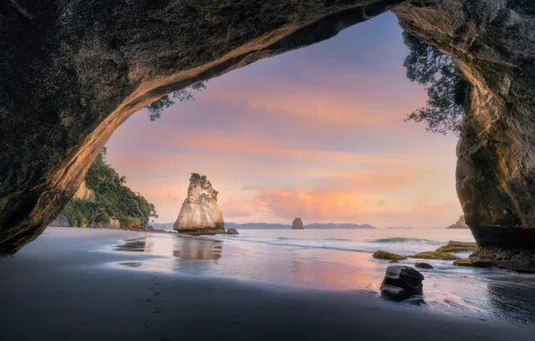 Море, пляж, скалы, рассвет, побережье, утро, Новая Зеландия, арка