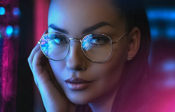 Девушка, лицо, неон, подсветка, очки, girl, neon, glasses