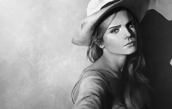 Картинка фон, рисунок, портрет, шляпа, арт, черно-белое, Эмма Уотсон, Emma Watson