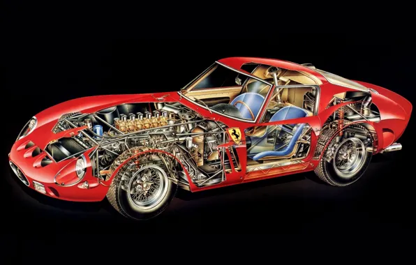 Картинка фон, двигатель, интерьер, красная, GTO, 1962, Ferrari 250