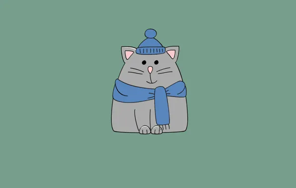 Картинка кот, шапка, минимализм, шарф, cat
