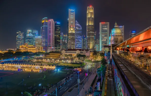 Здания, Сингапур, ночной город, небоскрёбы, Singapore, Singapore Financial District