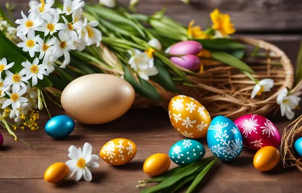 Цветы, яйца, весна, colorful, Пасха, happy, flowers, spring