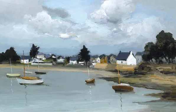Картинка пейзаж, дома, картина, бухта, лодки, Brittany, Марсель Диф, Boats at Port Navelo