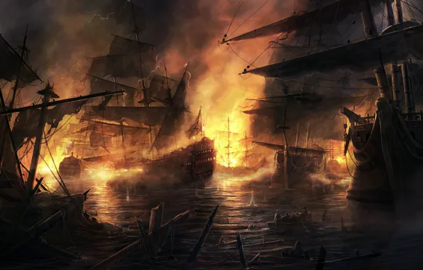 Картинка огонь, корабли, бой