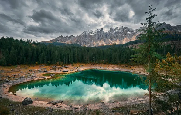 Лес, небо, горы, тучи, озеро, отражение, берег, вершины